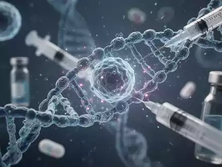 Eine Nahaufnahme von mikroskopischen Zellen und einer DNA-Helix, die Forschung und Medikamentenentwicklung symbolisiert. - Foto: über boerse-global.de