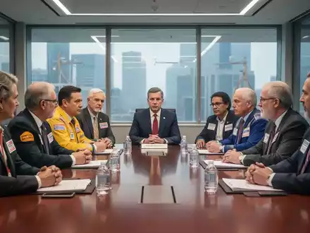 Vertreter von Gewerkschaften, Regierung und Wirtschaft sitzen an einem Konferenztisch und diskutieren Reformen für Deutschlands Zukunft. - Foto: über boerse-global.de