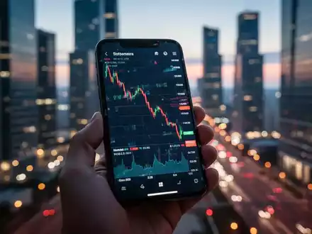 Eine Hand hält ein Smartphone mit einem fallenden Aktienchart vor einem unscharfen Finanzviertel bei Dämmerung. - Foto: über boerse-global.de
