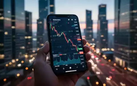 Eine Hand hält ein Smartphone mit einem fallenden Aktienchart vor einem unscharfen Finanzviertel bei Dämmerung. - Foto: über boerse-global.de
