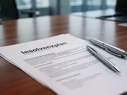 Ein Insolvenzplan-Dokument auf einem Schreibtisch mit einem Stift daneben, symbolisiert Unternehmenssanierung und juristische Verfahren. - Foto: über boerse-global.de