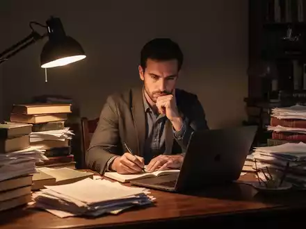Ein einsamer Schriftsteller sitzt an einem Schreibtisch, umgeben von Büchern und Papieren, während er über sein Manuskript nachdenkt. - Foto: über boerse-global.de