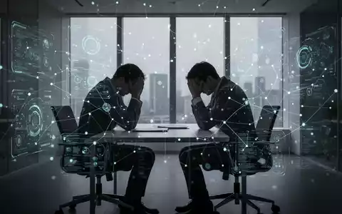 Eine Silhouette sitzt an einem Schreibtisch, den Kopf in den Händen, umgeben von subtilen digitalen Überlagerungen, die Arbeitsstress darstellen. - Foto: über boerse-global.de