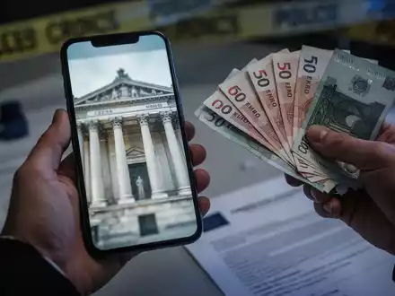 Eine Hand hält ein Smartphone mit Bankgebäude, eine andere Euro-Banknoten. Im Hintergrund unscharfe Hinweise auf Polizeiermittlungen. - Foto: über boerse-global.de