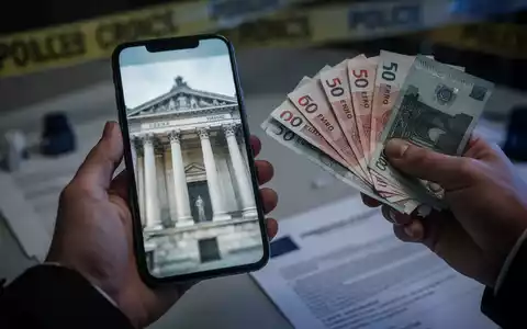 Eine Hand hält ein Smartphone mit Bankgebäude, eine andere Euro-Banknoten. Im Hintergrund unscharfe Hinweise auf Polizeiermittlungen. - Foto: über boerse-global.de
