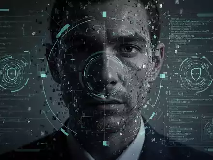 A shadowy, fragmented digital face overlaid with a biometric scanner, illustrating deepfake AI fraud in customer service. - Foto: über boerse-global.de