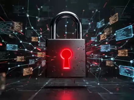 A digital padlock with a glowing red keyhole on a background of a chaotic network diagram, symbolizing a cybersecurity vulnerability. - Foto: über boerse-global.de
