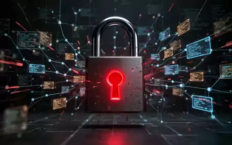 A digital padlock with a glowing red keyhole on a background of a chaotic network diagram, symbolizing a cybersecurity vulnerability. - Foto: über boerse-global.de