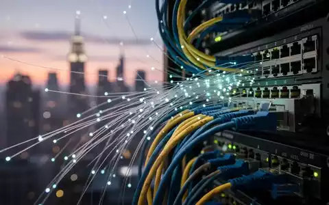Close-up of fiber optic cables and network hardware with a blurred city skyline at dusk in the background, symbolizing digital infrastructure. - Foto: über boerse-global.de