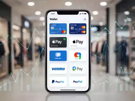 A smartphone screen showing a PayPal digital wallet with multiple payment options. A blurred retail background suggests e-commerce. - Foto: über boerse-global.de