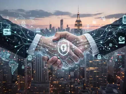 Zwei abstrakte, leuchtende digitale Zahlungsnetzwerke verschmelzen vor einer Skyline, symbolisierend die Übernahme von Payoneer durch Nuvei. - Foto: über boerse-global.de