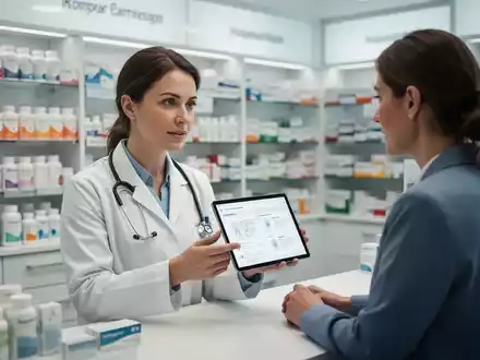 Eine Apothekerin berät einen Patienten in einer modernen Apotheke, im Hintergrund Medikamente und pharmazeutische Produkte. - Foto: über boerse-global.de