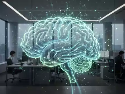 Eine stilisierte, leuchtende KI-Gehirnnetzwerk-Visualisierung über einem modernen Regierungsbüro, das Innovation und Datenverarbeitung darstellt. - Foto: über boerse-global.de