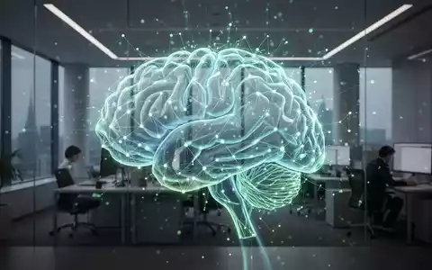 Eine stilisierte, leuchtende KI-Gehirnnetzwerk-Visualisierung über einem modernen Regierungsbüro, das Innovation und Datenverarbeitung darstellt. - Foto: über boerse-global.de