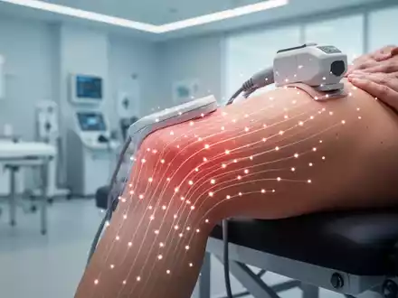 Nahaufnahme eines Knies oder RĂŒckens mit angedeuteter elektromagnetischer Therapie, in einer modernen Physiotherapie-Klinik. - Foto: ĂŒber boerse-global.de