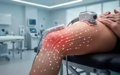 Nahaufnahme eines Knies oder Rückens mit angedeuteter elektromagnetischer Therapie, in einer modernen Physiotherapie-Klinik. - Foto: über boerse-global.de