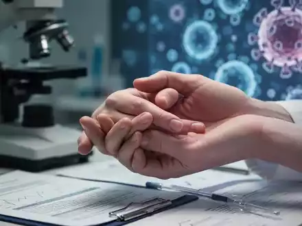 Nahaufnahme von Händen, die Fürsorge und medizinische Behandlung symbolisieren, mit verschwommenem, wissenschaftlichem Hintergrund. - Foto: über boerse-global.de