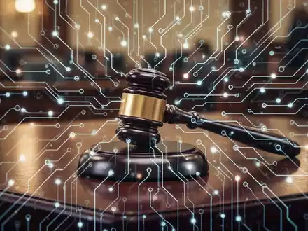 Ein stilisiertes, leuchtendes neuronales Netz überlagert einen Gerichtssaal, der die Haftung von Google für KI-Antworten symbolisiert. - Foto: über boerse-global.de