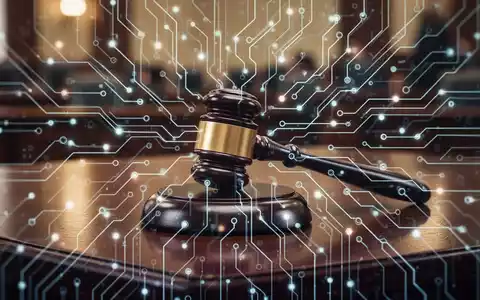 Ein stilisiertes, leuchtendes neuronales Netz überlagert einen Gerichtssaal, der die Haftung von Google für KI-Antworten symbolisiert. - Foto: über boerse-global.de