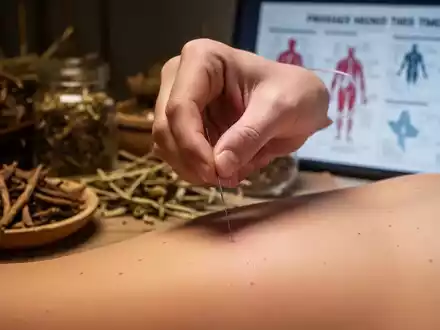 Nahaufnahme einer Hand, die eine Akupunkturnadel in die Haut eines Patienten setzt, mit verschwommenen TCM-Kräutern im Hintergrund. - Foto: über boerse-global.de