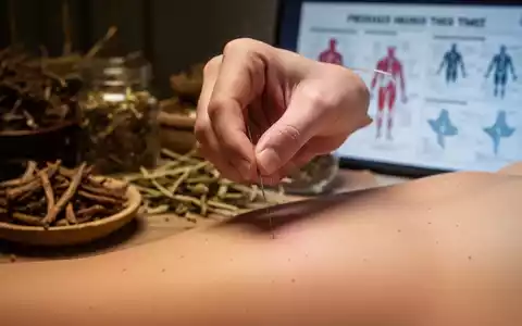 Nahaufnahme einer Hand, die eine Akupunkturnadel in die Haut eines Patienten setzt, mit verschwommenen TCM-Kräutern im Hintergrund. - Foto: über boerse-global.de