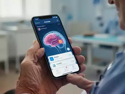 Ăltere Hand hĂ€lt ein Smartphone mit einer Anwendung zur GedĂ€chtnistestung, verschwommener Hintergrund deutet auf hĂ€usliche Umgebung hin. - Foto: ĂŒber boerse-global.de