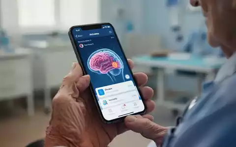 Ältere Hand hält ein Smartphone mit einer Anwendung zur Gedächtnistestung, verschwommener Hintergrund deutet auf häusliche Umgebung hin. - Foto: über boerse-global.de