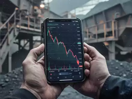 Eine Hand hält ein Smartphone mit einem fallenden Aktienchart vor einem unscharfen industriellen Hintergrund. - Foto: über boerse-global.de