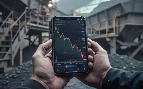 Eine Hand hält ein Smartphone mit einem fallenden Aktienchart vor einem unscharfen industriellen Hintergrund. - Foto: über boerse-global.de