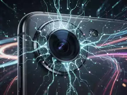 A close-up of a smartphone camera lens with illuminated digital patterns, representing AI-powered photo enhancements. - Foto: über boerse-global.de