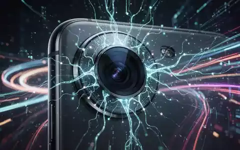 A close-up of a smartphone camera lens with illuminated digital patterns, representing AI-powered photo enhancements. - Foto: über boerse-global.de