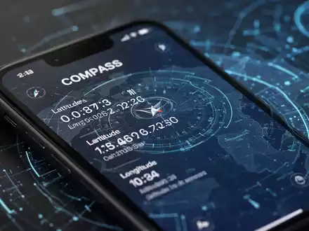 Close-up of an iPhone Compass app showing precise geographic coordinates, with a blurred map in the background. - Foto: über boerse-global.de