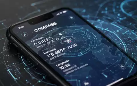 Close-up of an iPhone Compass app showing precise geographic coordinates, with a blurred map in the background. - Foto: über boerse-global.de