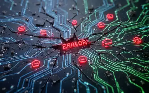 Abstract digital image showing a broken circuit board or corrupted data, with red error lights and intertwined blue and green lines. - Foto: über boerse-global.de