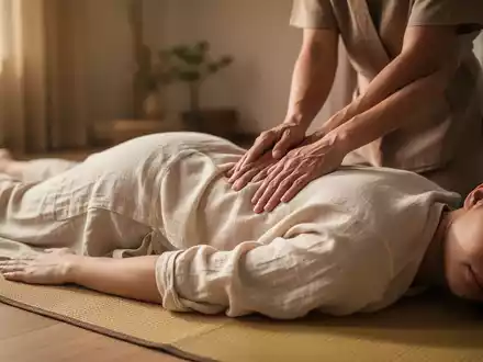 Eine Person erhält eine traditionelle Thai-Massage auf einer Matte, die Hände des Praktizierenden sind sichtbar. - Foto: über boerse-global.de