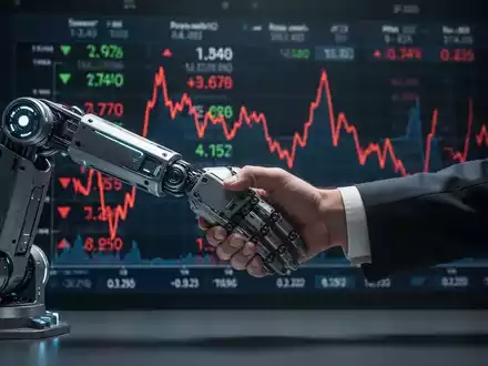 Ein Roboterarm und eine menschliche Hand schütteln sich vor einem fallenden Aktienkurs-Diagramm, das einen Deal und Marktvolatilität darstellt. - Foto: über boerse-global.de