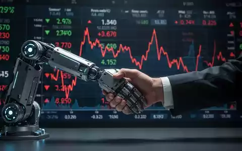 Ein Roboterarm und eine menschliche Hand schütteln sich vor einem fallenden Aktienkurs-Diagramm, das einen Deal und Marktvolatilität darstellt. - Foto: über boerse-global.de