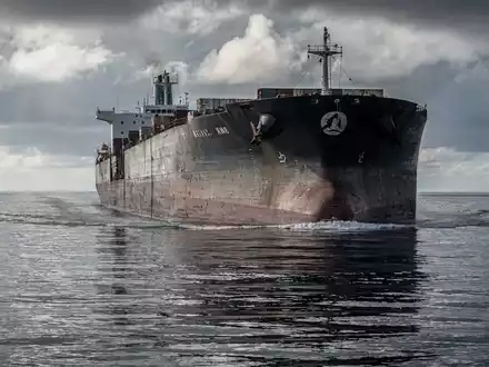 Ein großes Bulkerschiff auf See unter einem dramatischen, bewölkten Himmel, der sich im Wasser spiegelt. - Foto: über boerse-global.de