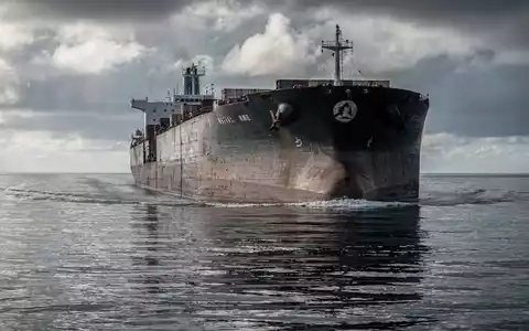 Ein großes Bulkerschiff auf See unter einem dramatischen, bewölkten Himmel, der sich im Wasser spiegelt. - Foto: über boerse-global.de