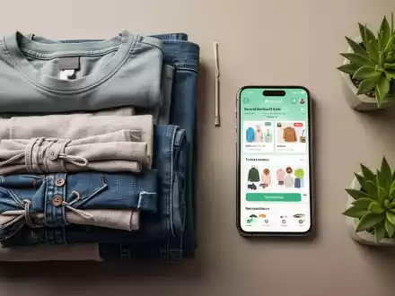 Ein Flat Lay mit sauber gefalteter Kleidung, einem Smartphone mit einer Secondhand-Verkaufs-App und einer kleinen Pflanze. - Foto: über boerse-global.de
