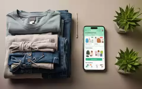 Ein Flat Lay mit sauber gefalteter Kleidung, einem Smartphone mit einer Secondhand-Verkaufs-App und einer kleinen Pflanze. - Foto: über boerse-global.de