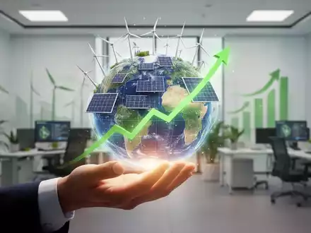 Eine Hand greift nach einem stilisierten Globus mit Windturbinen und Solarpaneelen, der Erholung im Bereich saubere Energie symbolisiert. - Foto: über boerse-global.de