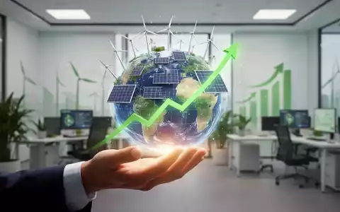Eine Hand greift nach einem stilisierten Globus mit Windturbinen und Solarpaneelen, der Erholung im Bereich saubere Energie symbolisiert. - Foto: über boerse-global.de