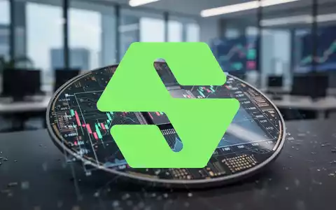 Nahaufnahme eines Mikrochips oder einer Halbleiter-Wafer mit einer Spiegelung von Finanzdiagrammen, im Hintergrund ein Büro. - Foto: über boerse-global.de