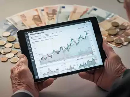 Hände einer älteren Person halten ein Tablet mit Finanzdiagrammen, im Hintergrund verschwommene Euro-Banknoten und Münzen. - Foto: über boerse-global.de
