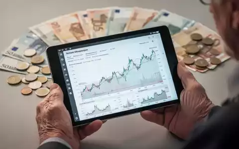 Hände einer älteren Person halten ein Tablet mit Finanzdiagrammen, im Hintergrund verschwommene Euro-Banknoten und Münzen. - Foto: über boerse-global.de
