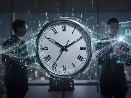 Eine stilisierte Uhr mit digitalen Elementen und einer menschlichen Silhouette, die Zeitmanagement und KI-Integration darstellt. - Foto: über boerse-global.de