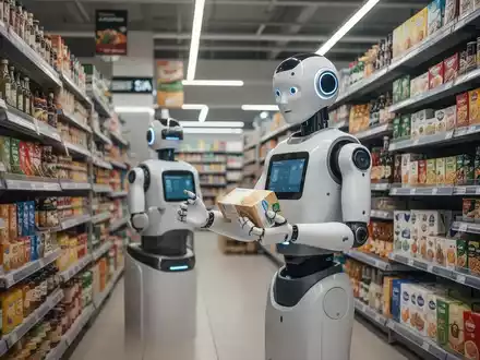 A sophisticated humanoid robot with glowing blue accents stands in a supermarket aisle, holding a package, ready for delivery or restocking. - Foto: über boerse-global.de