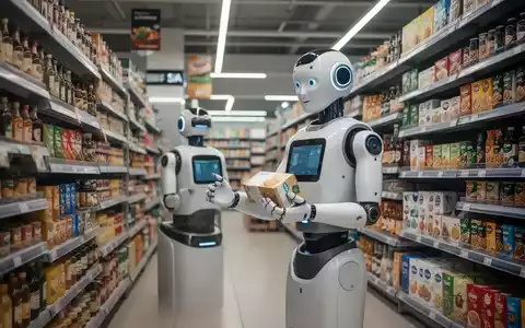 A sophisticated humanoid robot with glowing blue accents stands in a supermarket aisle, holding a package, ready for delivery or restocking. - Foto: über boerse-global.de