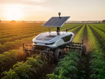An autonomous, solar-powered field robot, the FarmDroid FD20, working in a green agricultural field under a bright sky. - Foto: über boerse-global.de